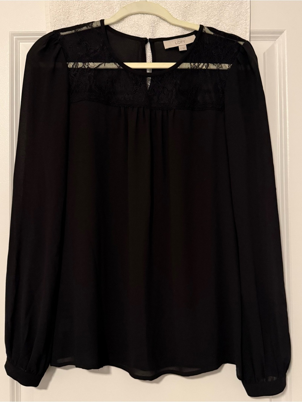 LOFT Black Long-Sleeve Lace Yoke Blouse